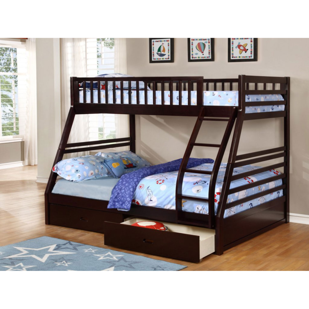 (4 Colours) 2 Drawers Bonus - Theodore Twin over Double Wood Bunk Bed