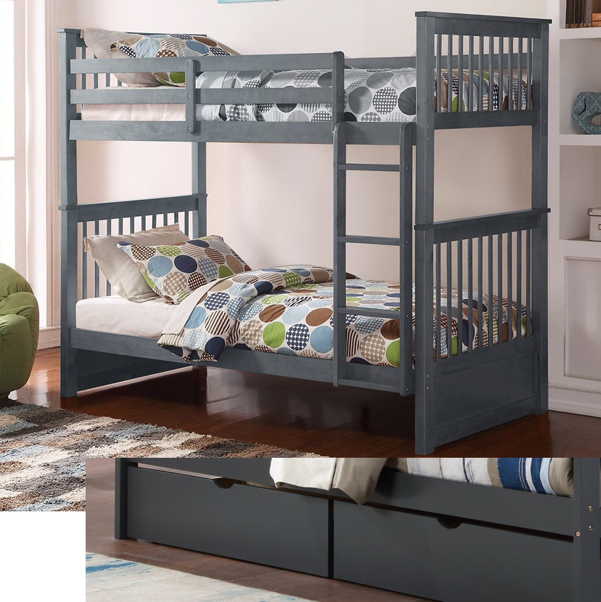 (3 Colours) Under Bed STORAGE Included - Marcus Wood Bunk Bed
