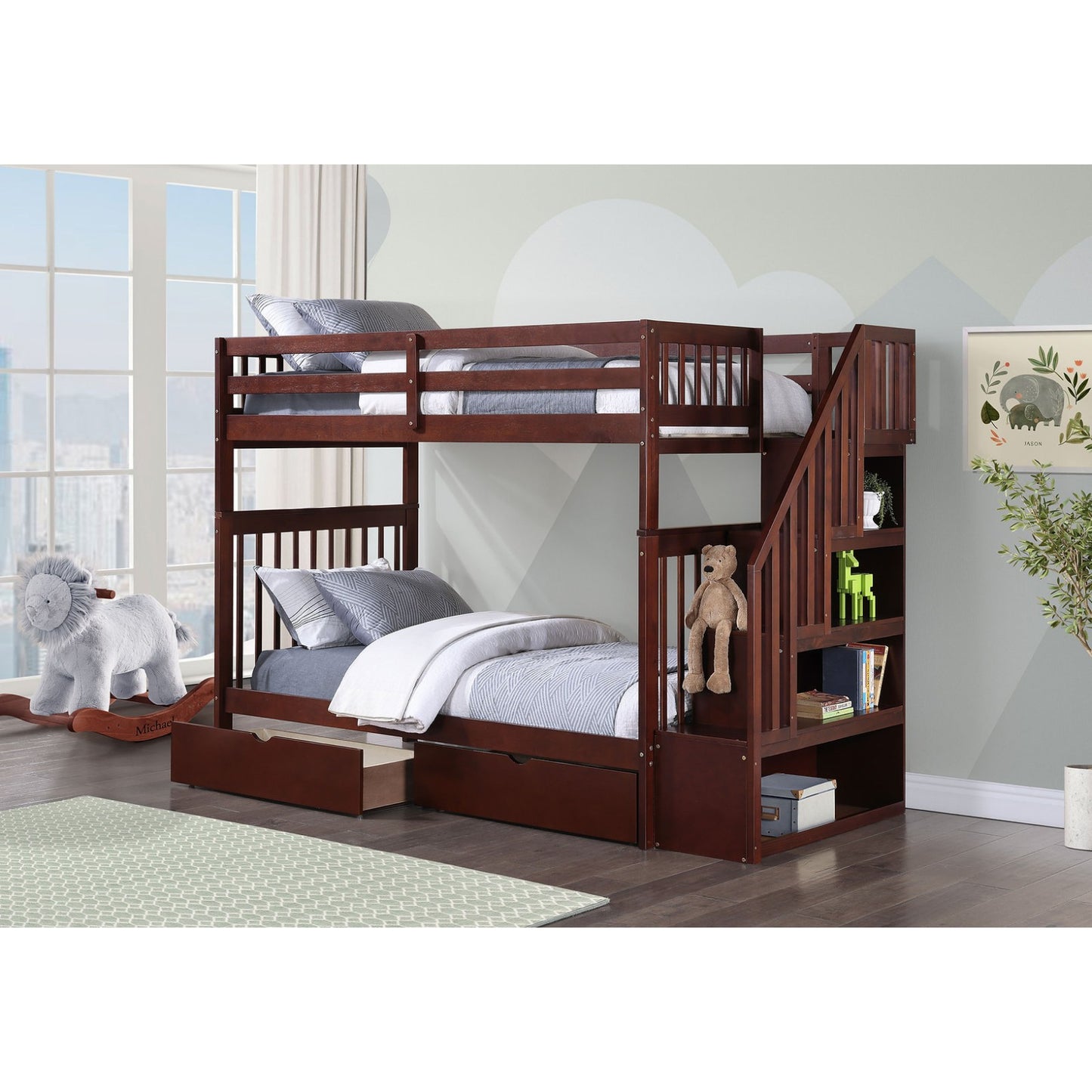 (3 Colours + Under Bed Storage) Simcoe Staircase Wood Bunk Bed