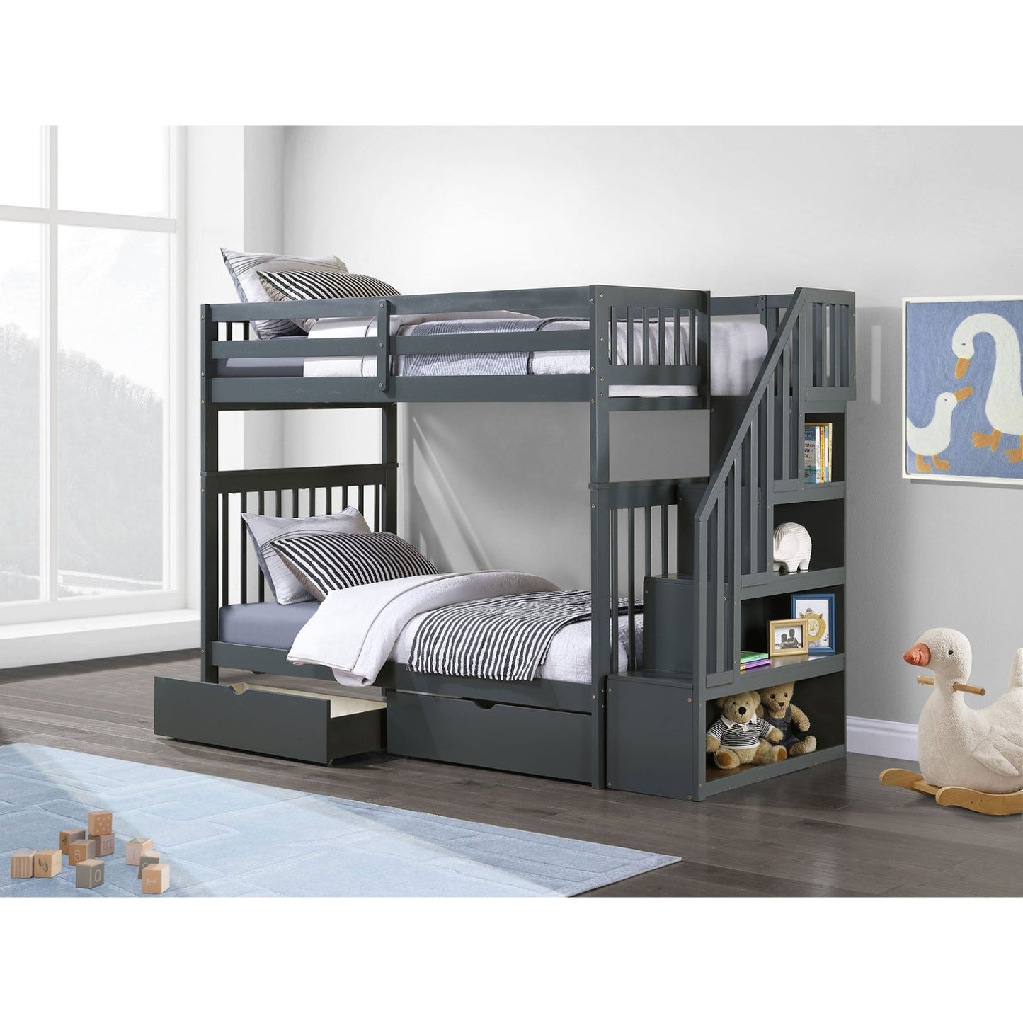 (3 Colours + Under Bed Storage) Simcoe Staircase Wood Bunk Bed