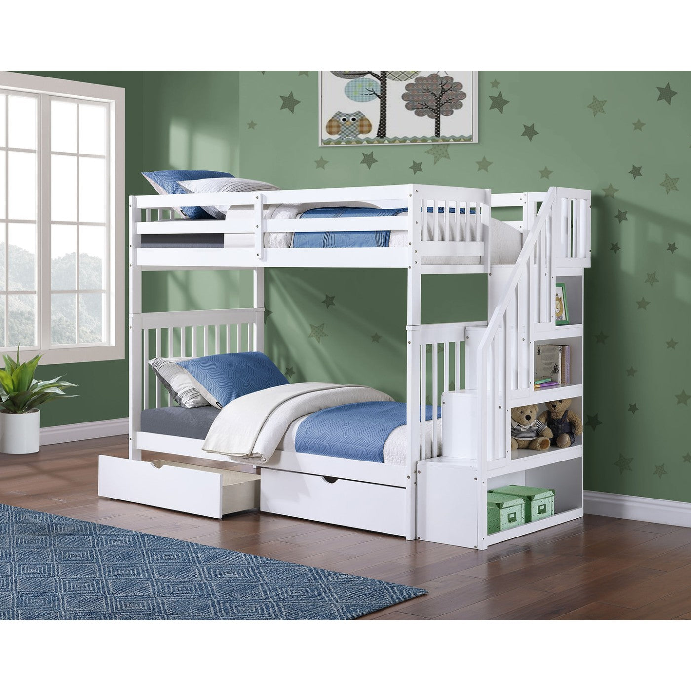 (3 Colours + Under Bed Storage) Simcoe Staircase Wood Bunk Bed