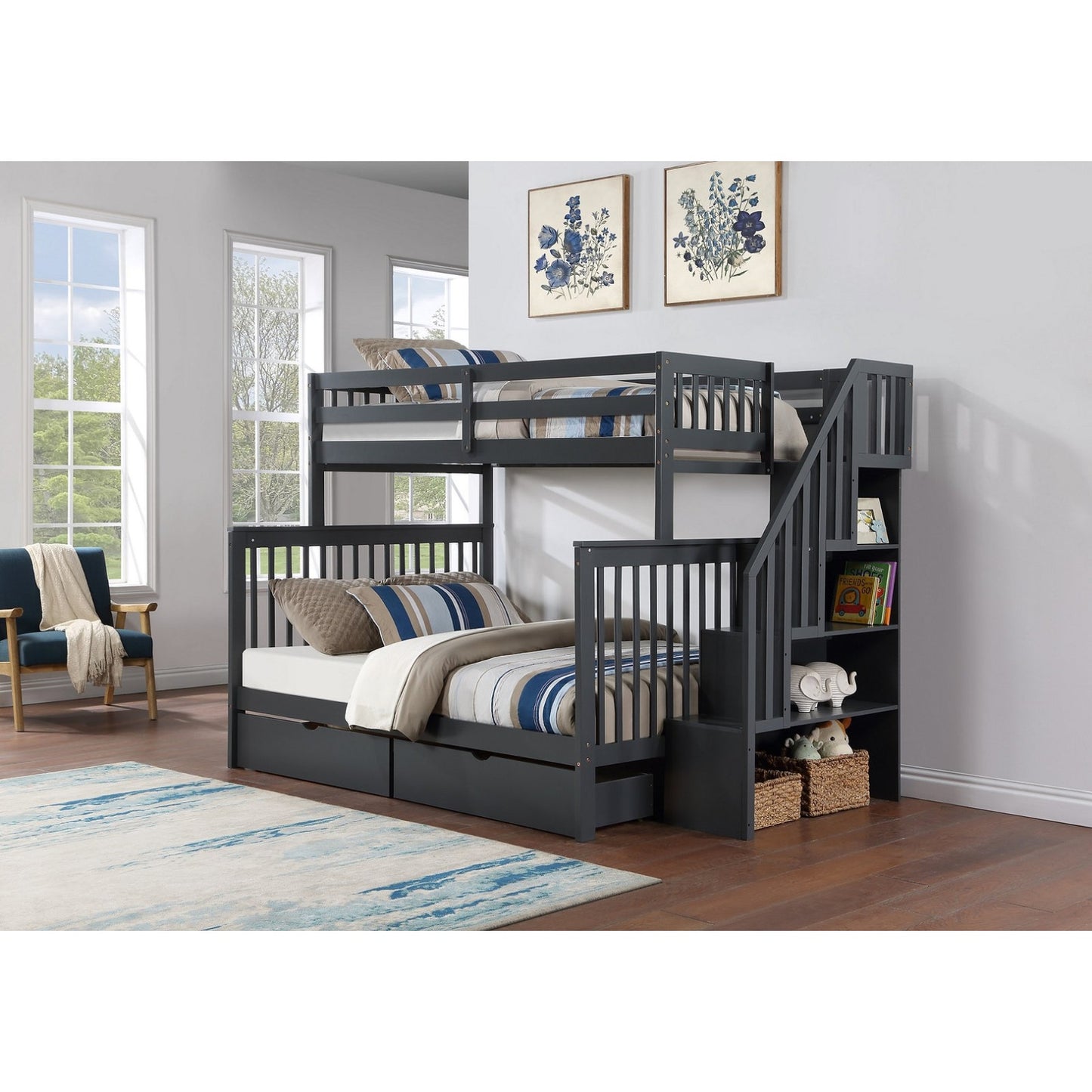 (3 Colours + Under Bed Storage) Simcoe Staircase Wood Bunk Bed