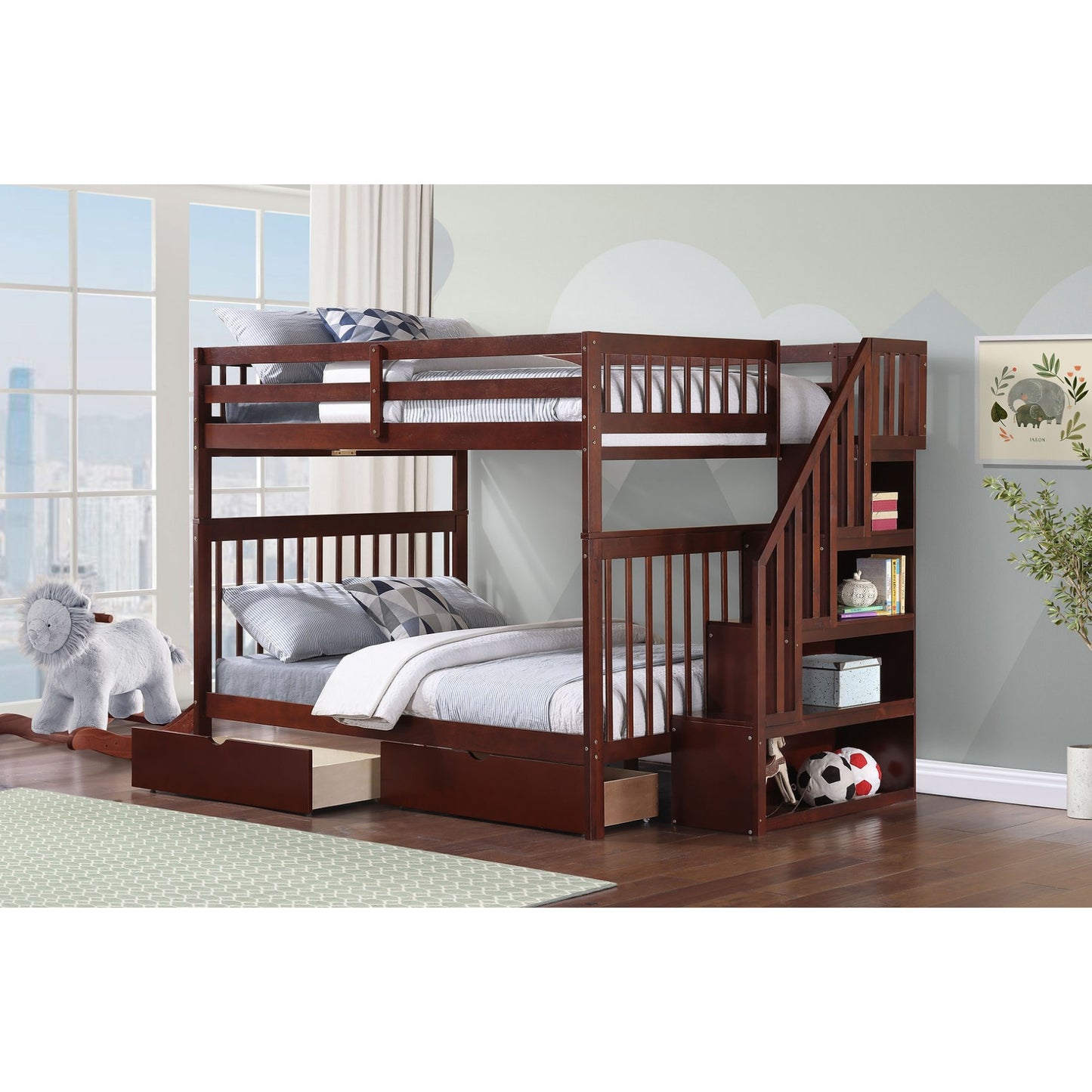 (3 Colours + Under Bed Storage) Simcoe Staircase Wood Bunk Bed